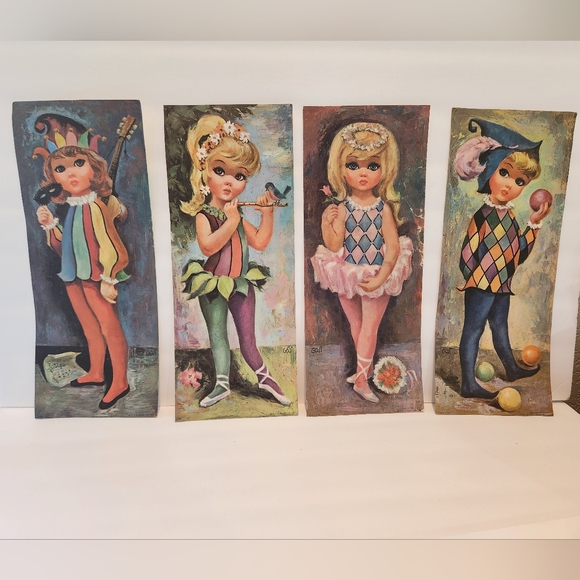 Set of 4 Vintage 1960s Goji Big Eye Harlequin Girls Prints - Picture 1 of 5